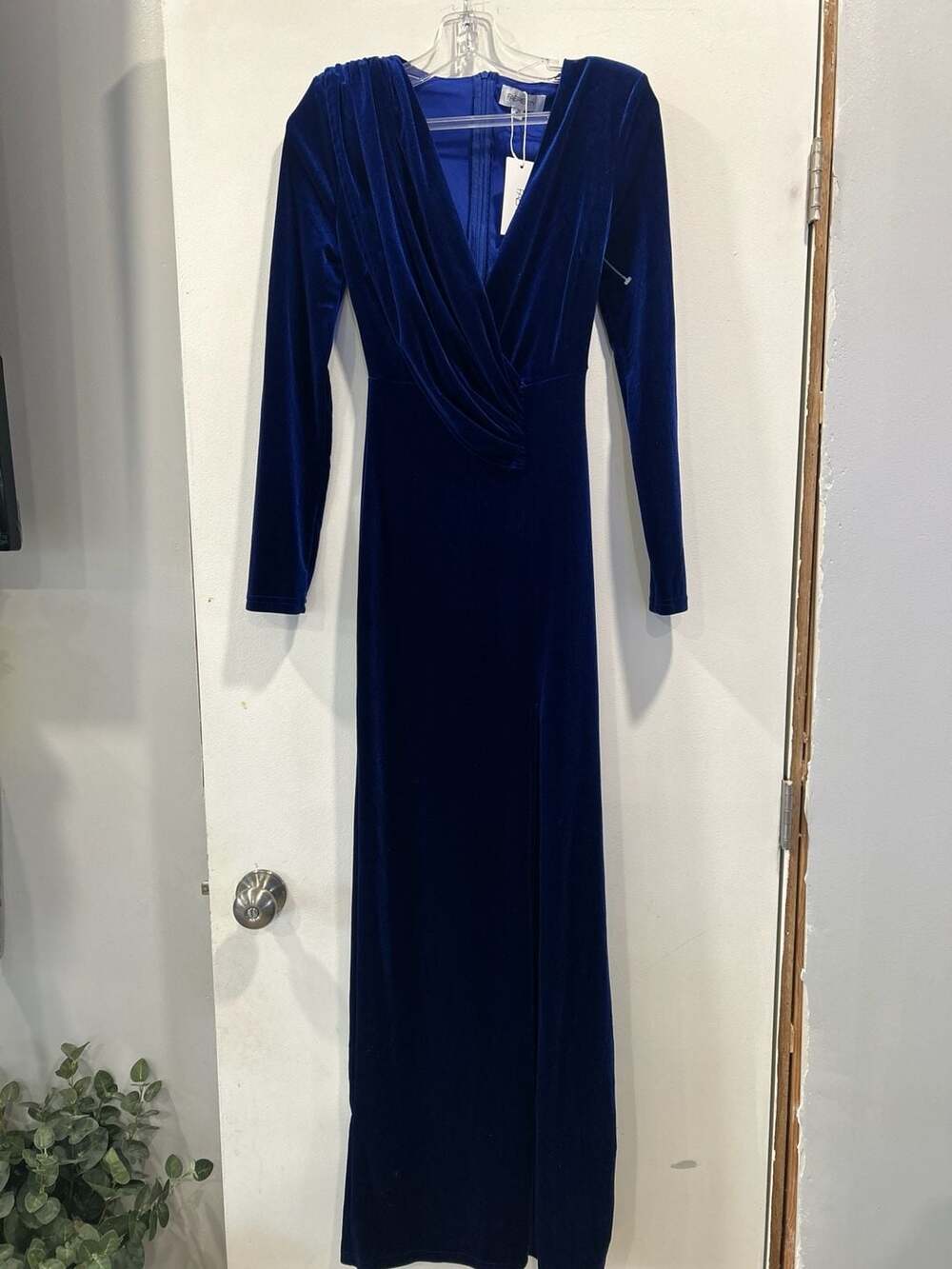 Royal Blue Velvet Long Sleeve V-Neck Maxi Dress with Slit